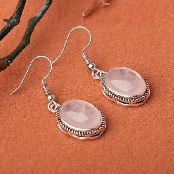 Oval Pink Rose Quartz Stone Silver Dangle Drop Earrings Vintage Style Textured - Picture 5 of 6